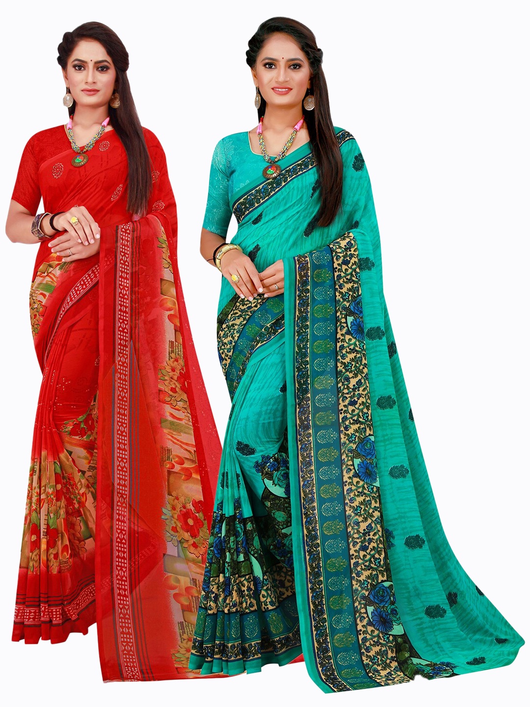 

KALINI Pack of 2 Red & Turquoise Blue Floral Pure Georgette Sarees