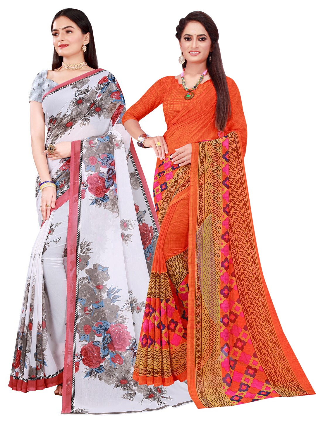 

SAADHVI Pack Of 2 Orange & White Printed Georgette Sarees