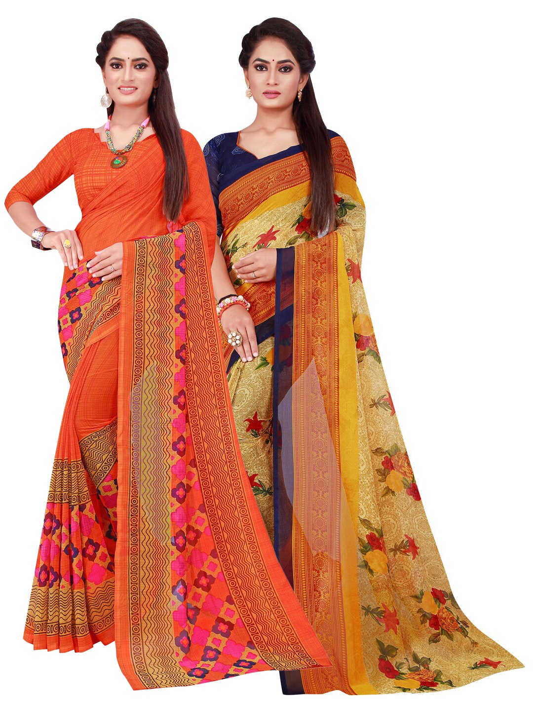 

SAADHVI Orange & Yellow Floral Pure Georgette Saree