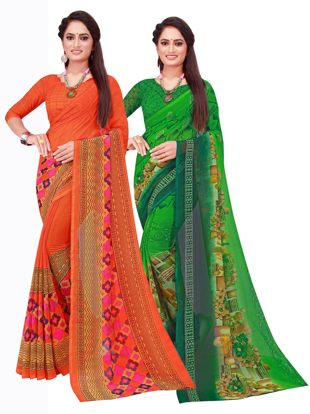 

SAADHVI Pack Of 2 Orange & Green Floral Printed Pure Georgette Saree