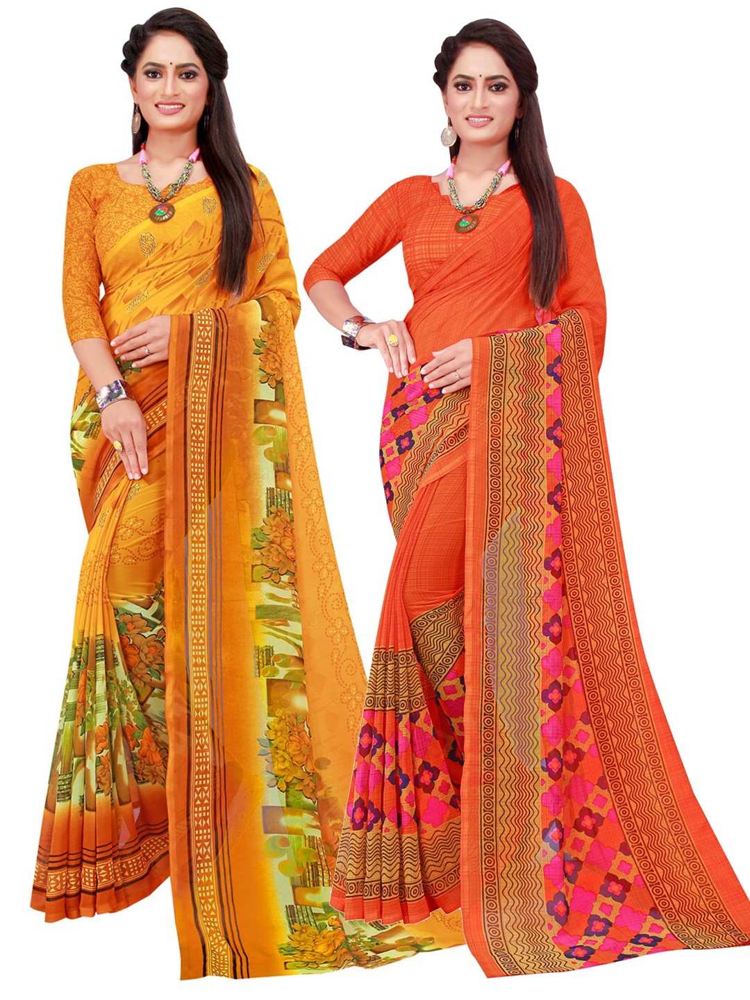 

SAADHVI Pack of 2 Orange & Yellow Printed Pure Georgette Saree