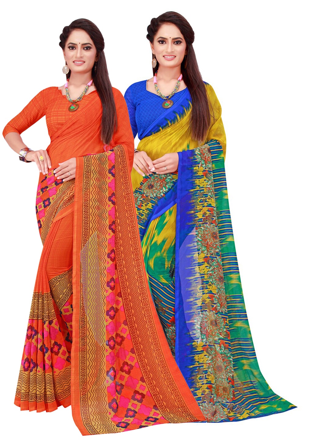 

SAADHVI Orange & Yellow Floral Pure Georgette Saree