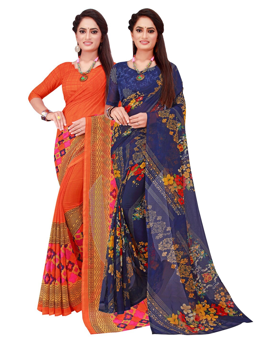 

SAADHVI Pack of 2 Orange & Navy Blue Printed Pure Georgette Saree