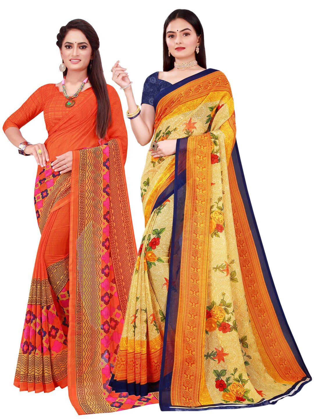 

SAADHVI Orange & Pink Floral Pure Georgette Saree