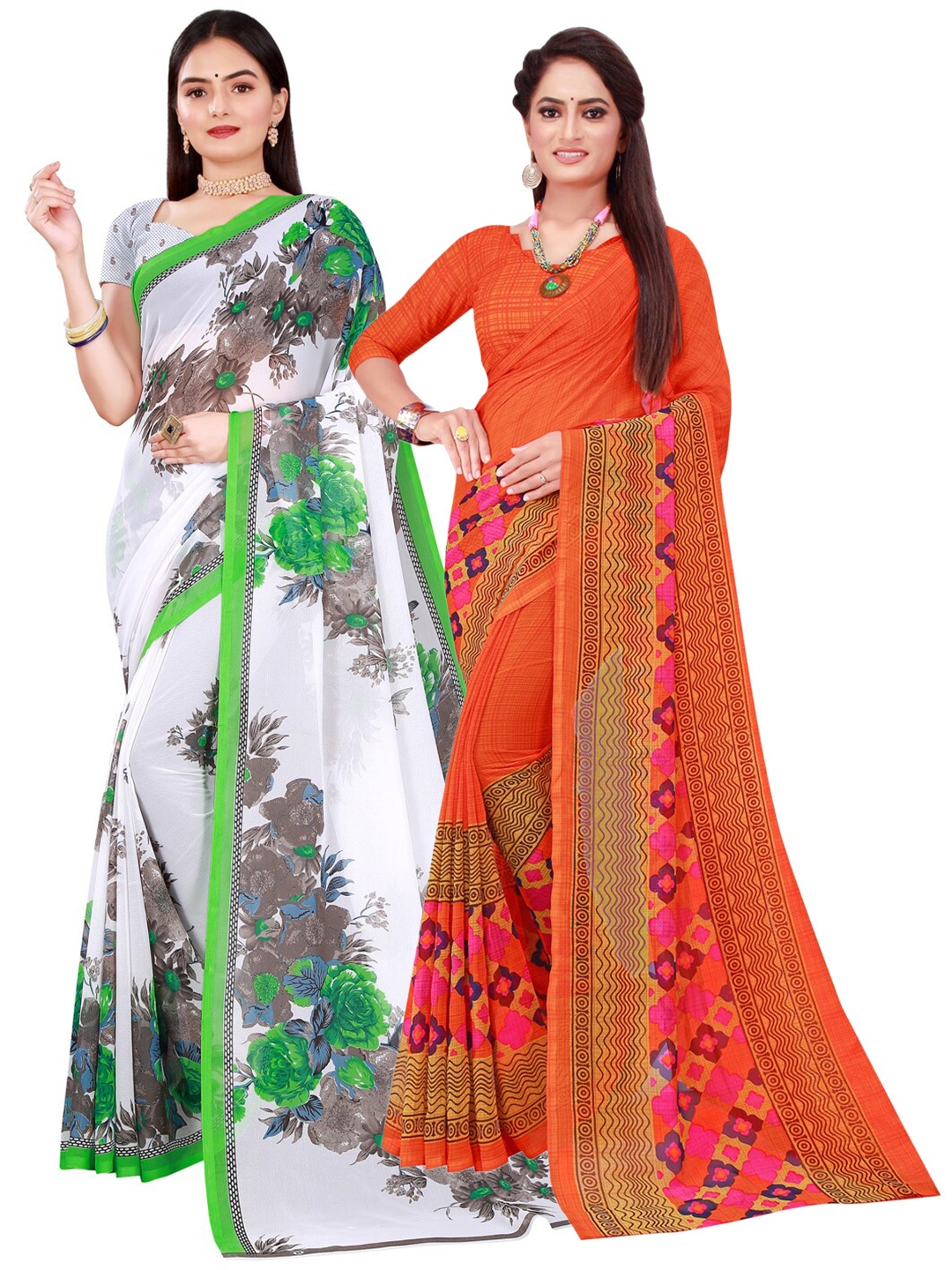 

SAADHVI Set of 2 Orange & White Pure Georgette Saree