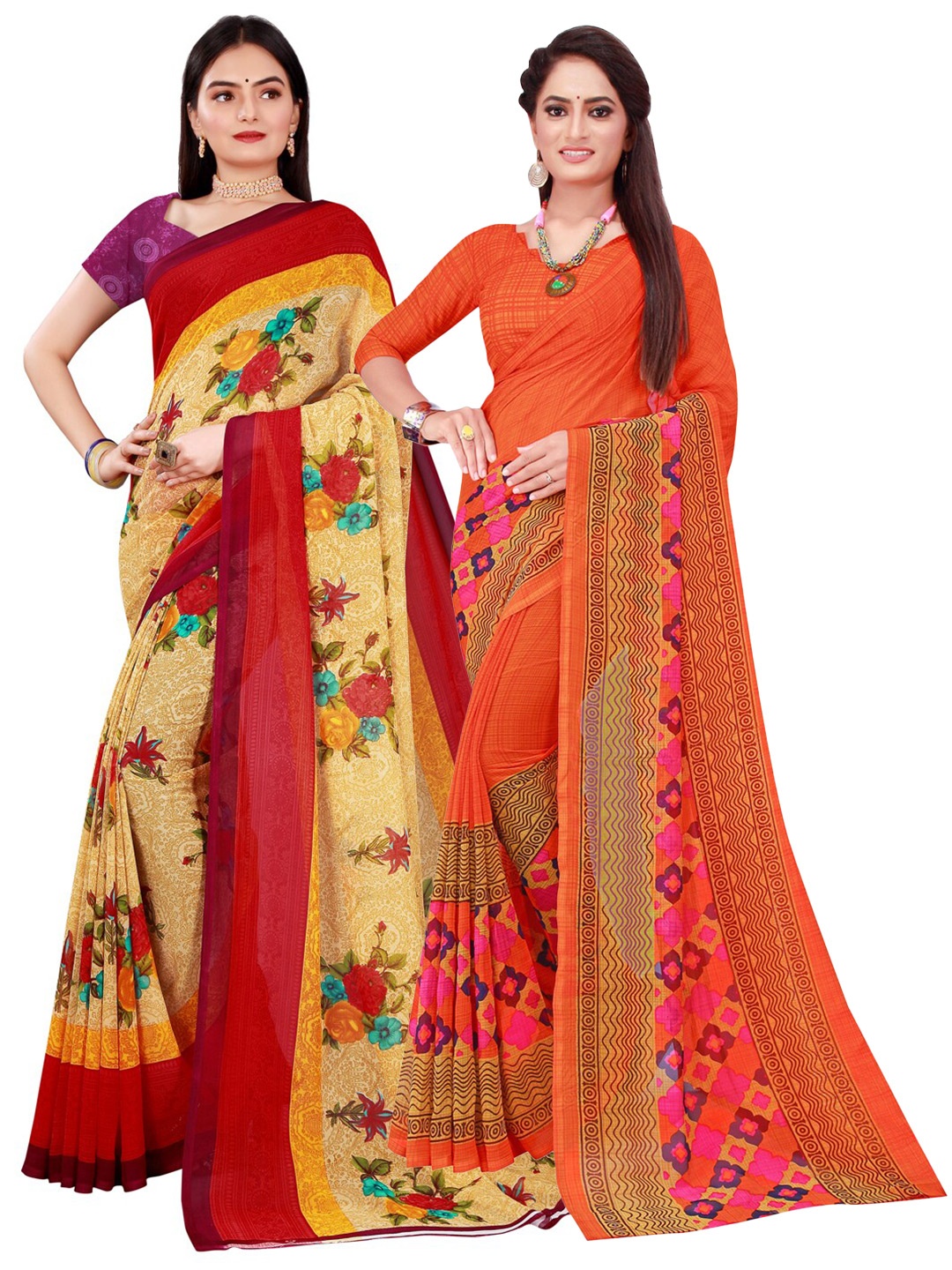 

SAADHVI Pack of 2 Beige & Orange Floral Pure Georgette Saree