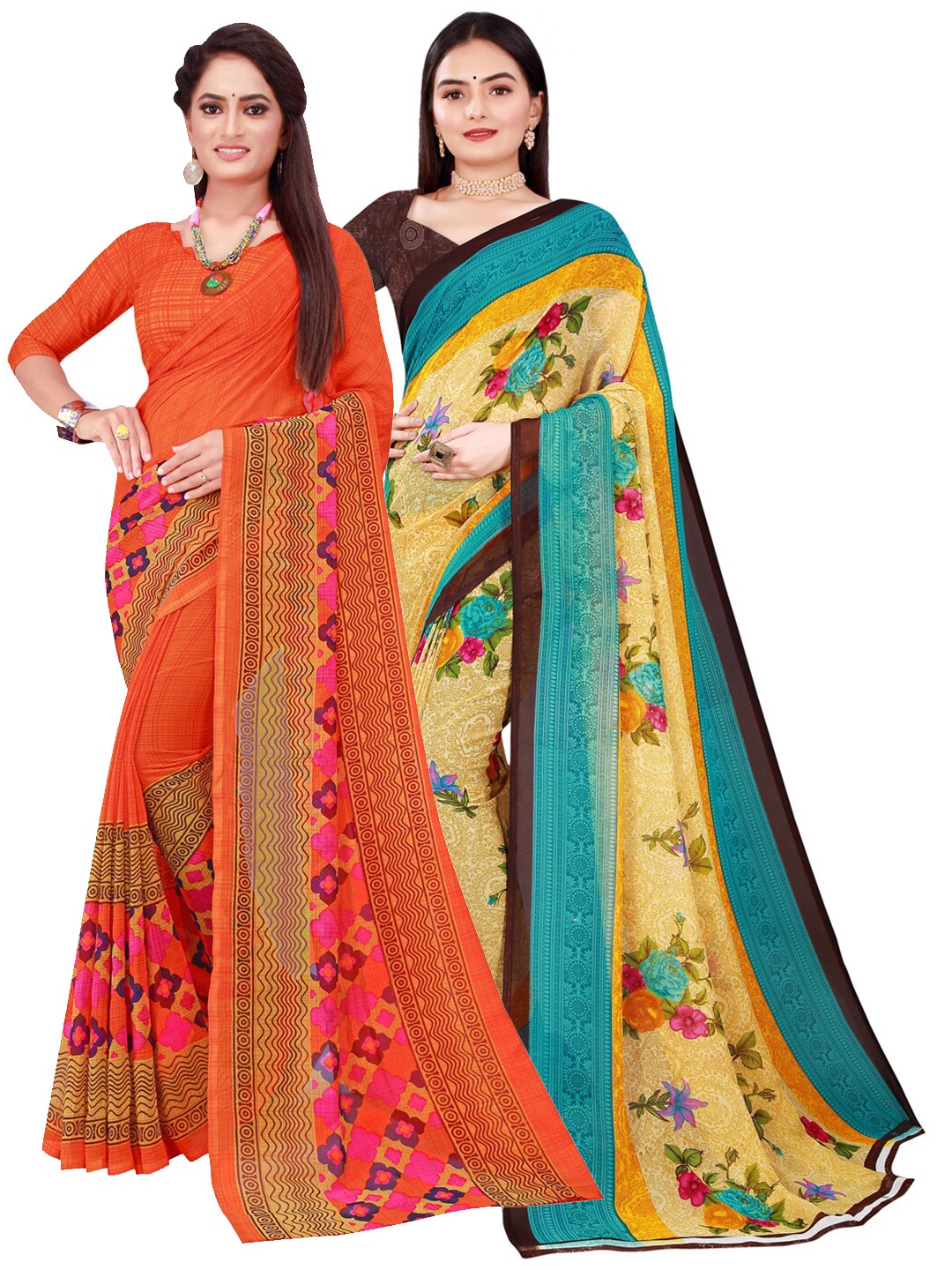

SAADHVI Orange & Yellow Floral Pure Georgette Saree