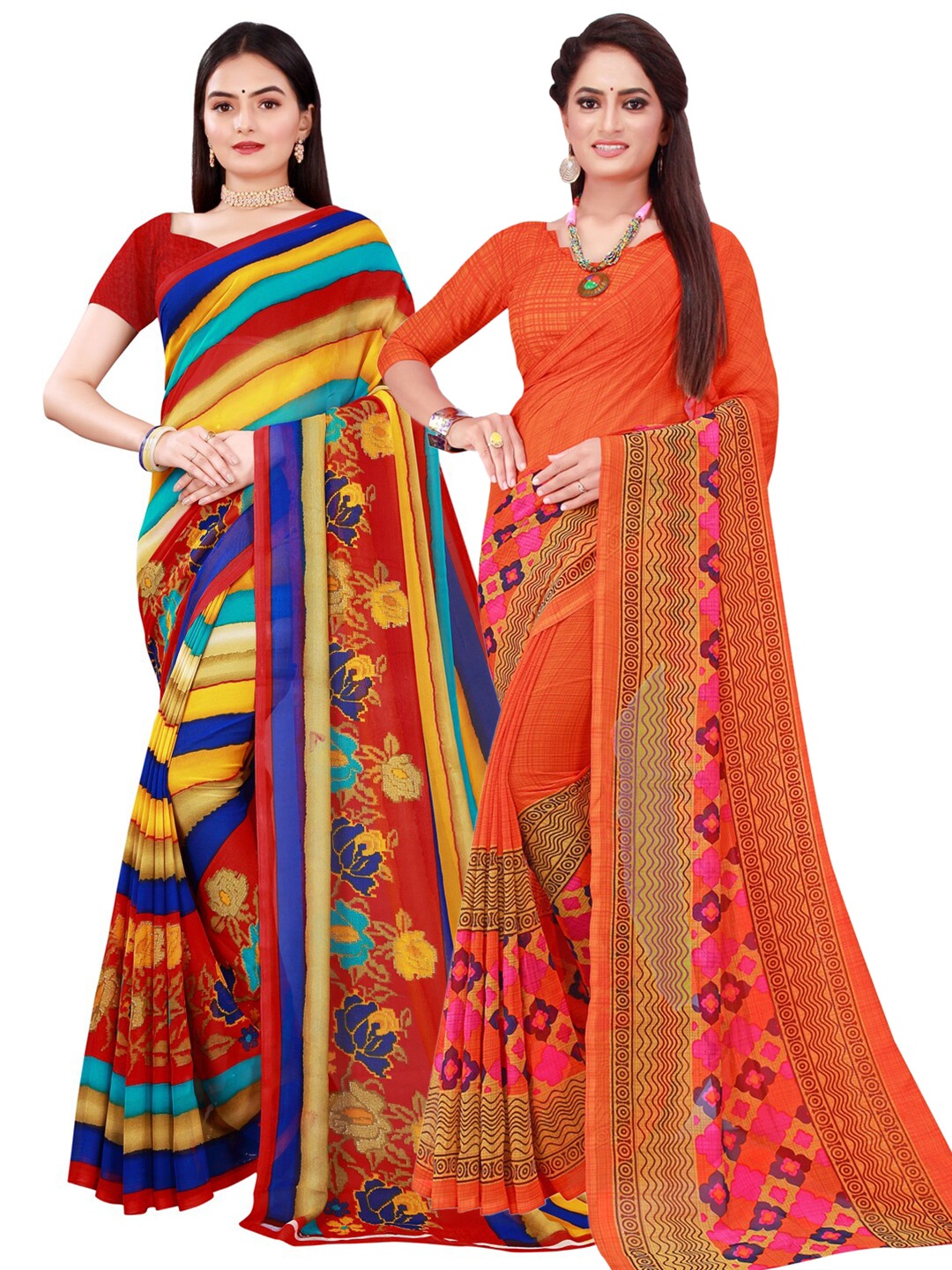 

SAADHVI Pack of 2 Red & Orange Floral Pure Georgette Saree