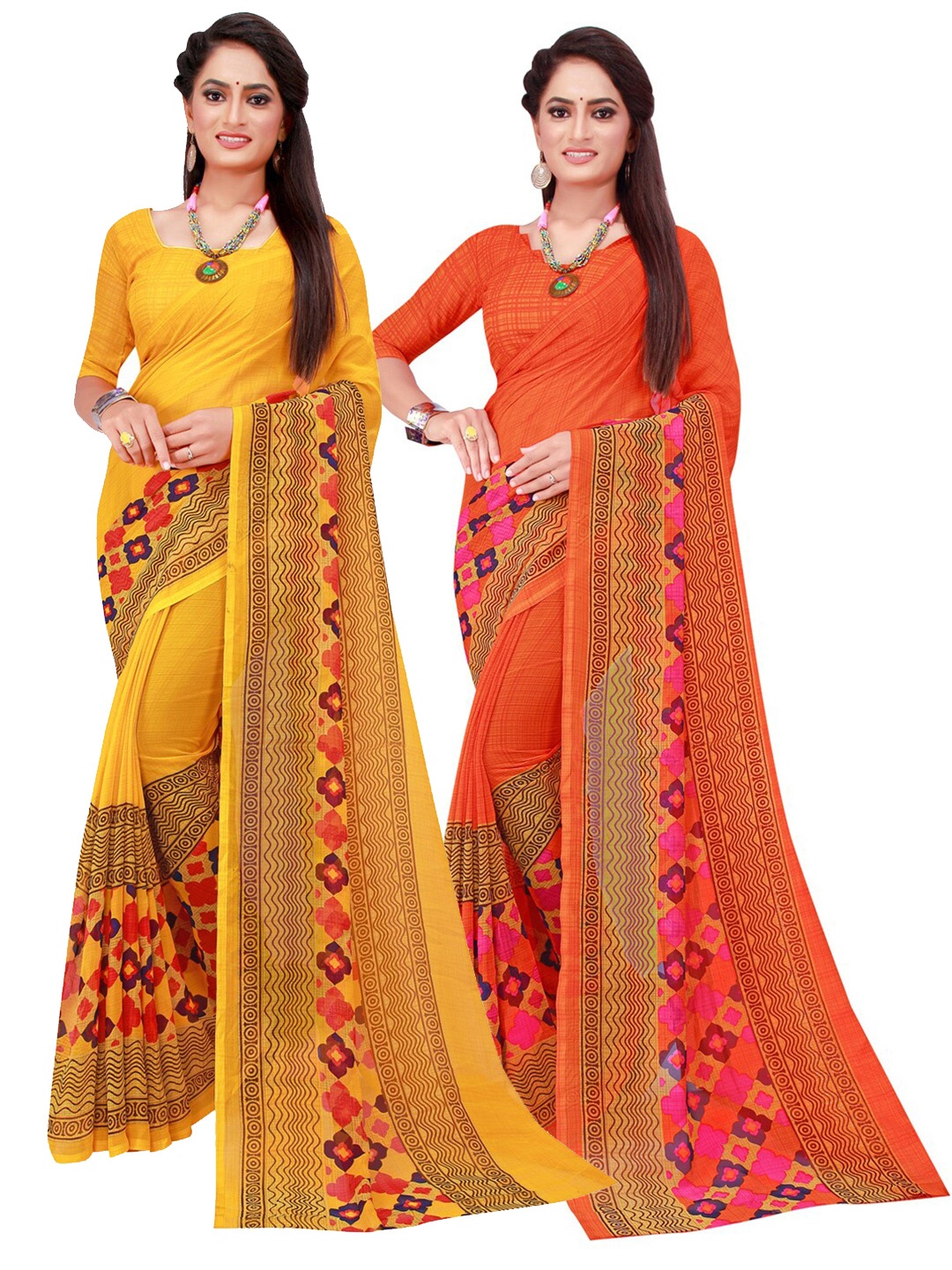 

SAADHVI Yellow & Orange Pure Georgette Saree