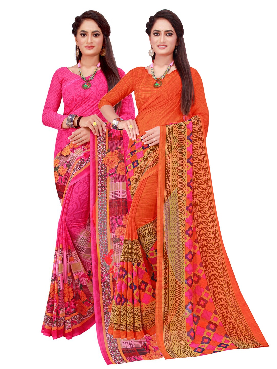 

SAADHVI Pack of 2 Floral Pure Georgette Sarees, Magenta