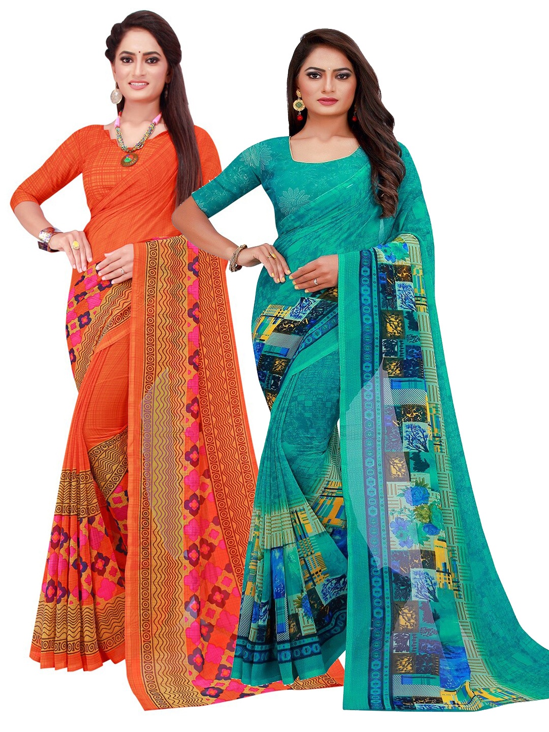 

SAADHVI Pack Of 2 Orange & Turquoise Blue Geometric Printed Georgette Sarees