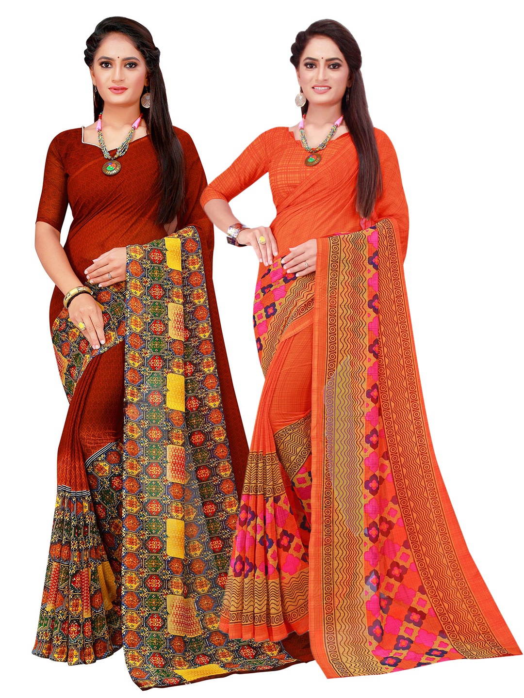 

SAADHVI Pack of 2 Orange & Maroon Floral Pure Georgette Saree