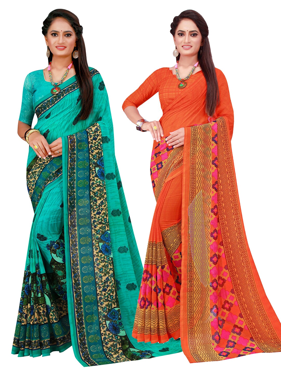 

SAADHVI Orange & Green Floral Printed Pure Georgette Saree Pack Of 2
