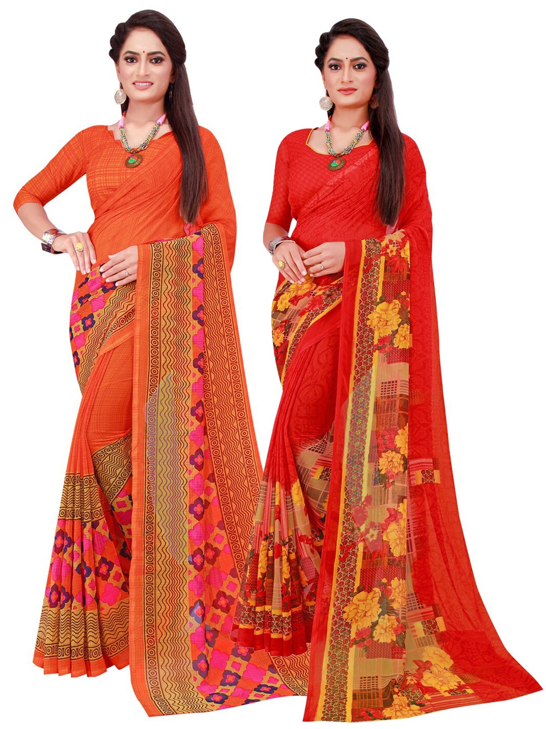 

SAADHVI Orange & Red Set of 2 Pure Georgette Saree