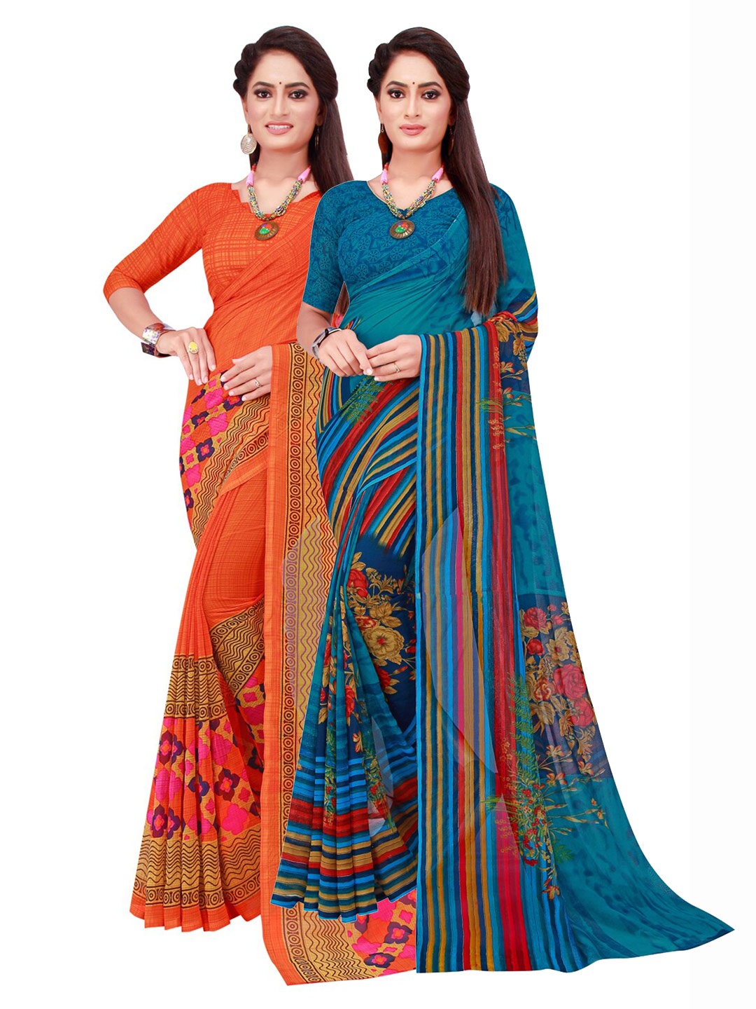 

SAADHVI Pack of 2 Orange & Blue Pure Georgette Sarees