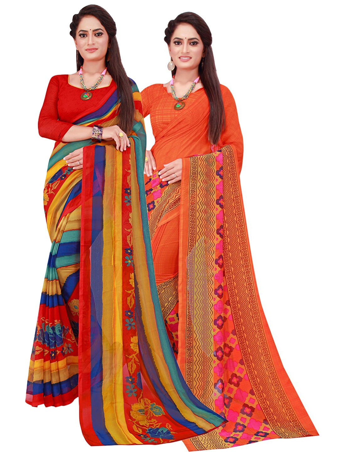 

SAADHVI Pack Of 2 Red & Blue Geometric Printed Georgette Sarees