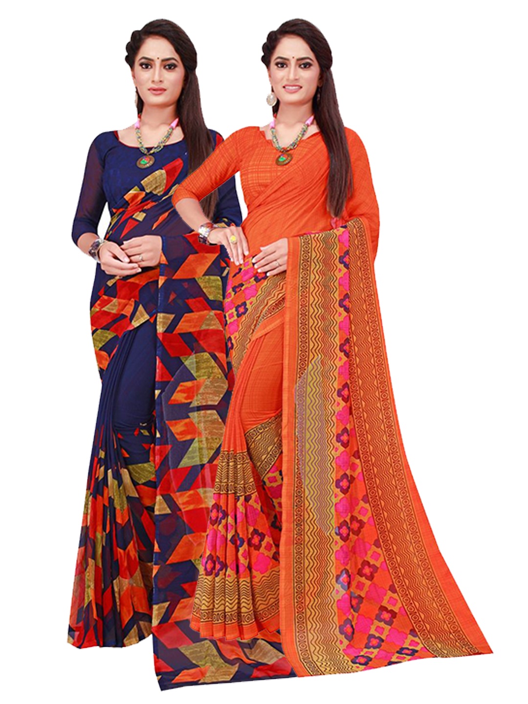 

SAADHVI Navy Blue & Orange Set of 2 Pure Georgette Saree