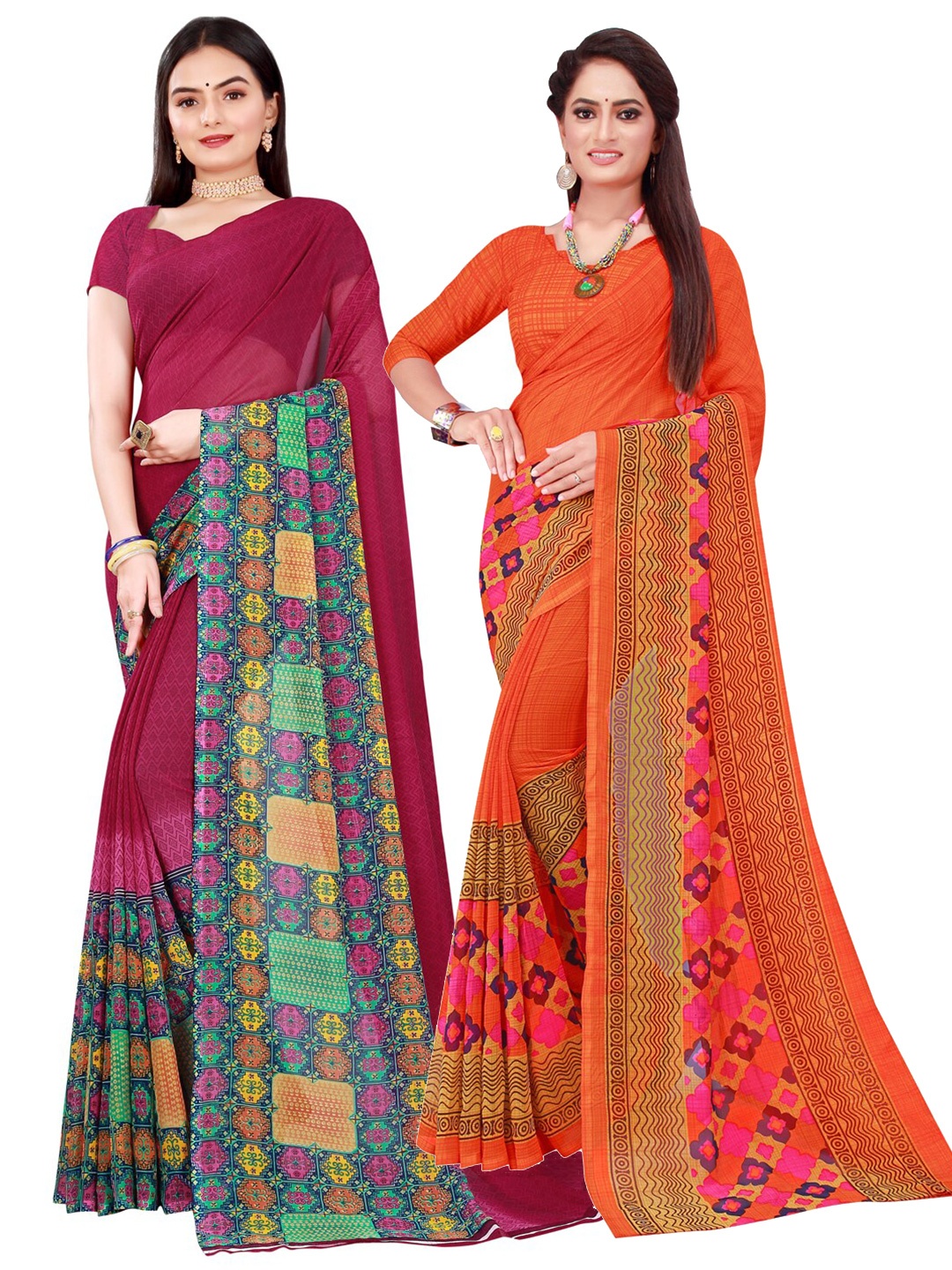 

SAADHVI Orange & Maroon Pure Georgette Saree