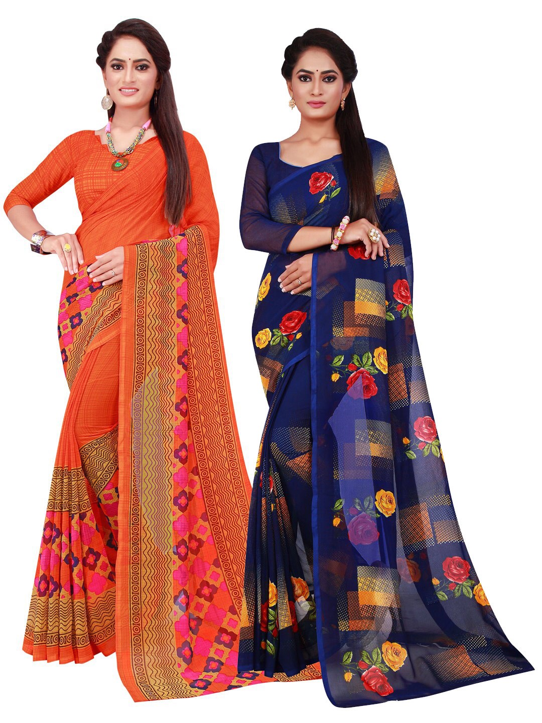 

SAADHVI Pack Of 2 Orange & Blue Floral Pure Georgette Saree