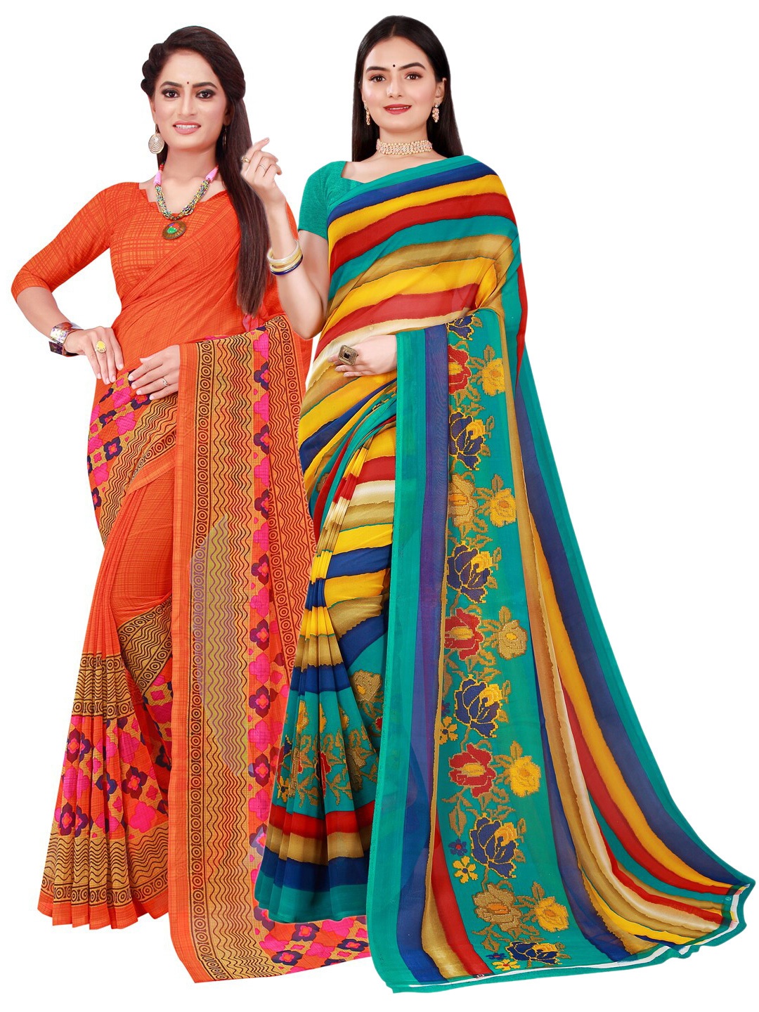 

SAADHVI Orange & Green Striped Printed Pure Georgette Saree Pack Of 2