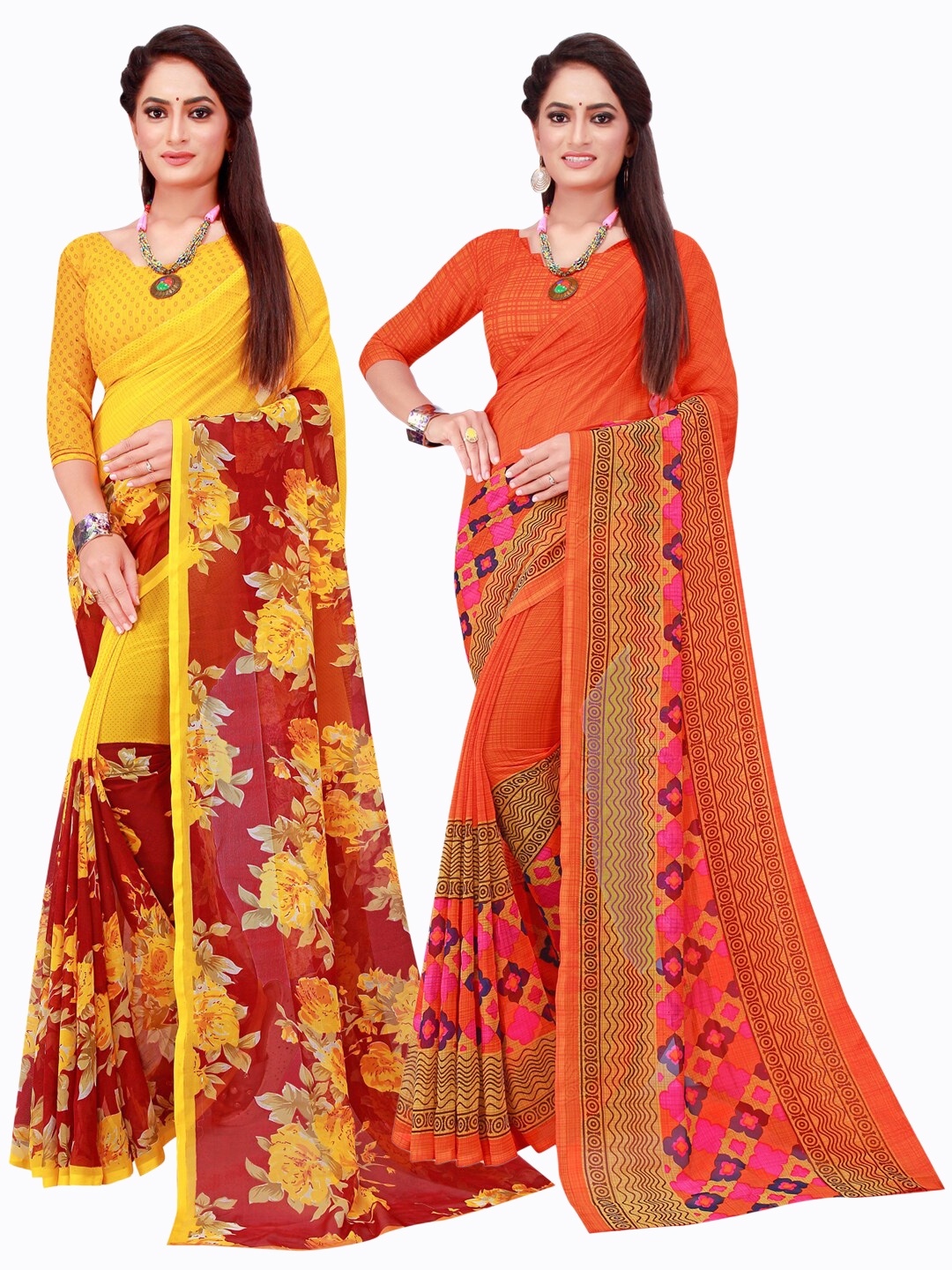 

SAADHVI Pack of 2 Orange & Yellow Printed Pure Georgette Saree