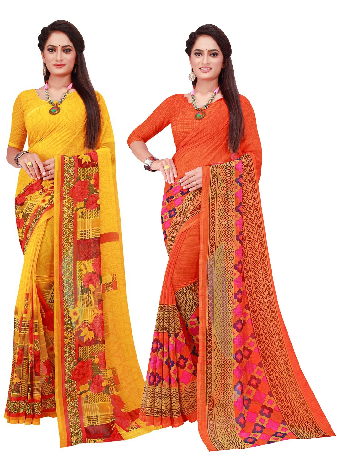 

SAADHVI Pack Of 2 Yellow & Orange Floral Pure Georgette Saree