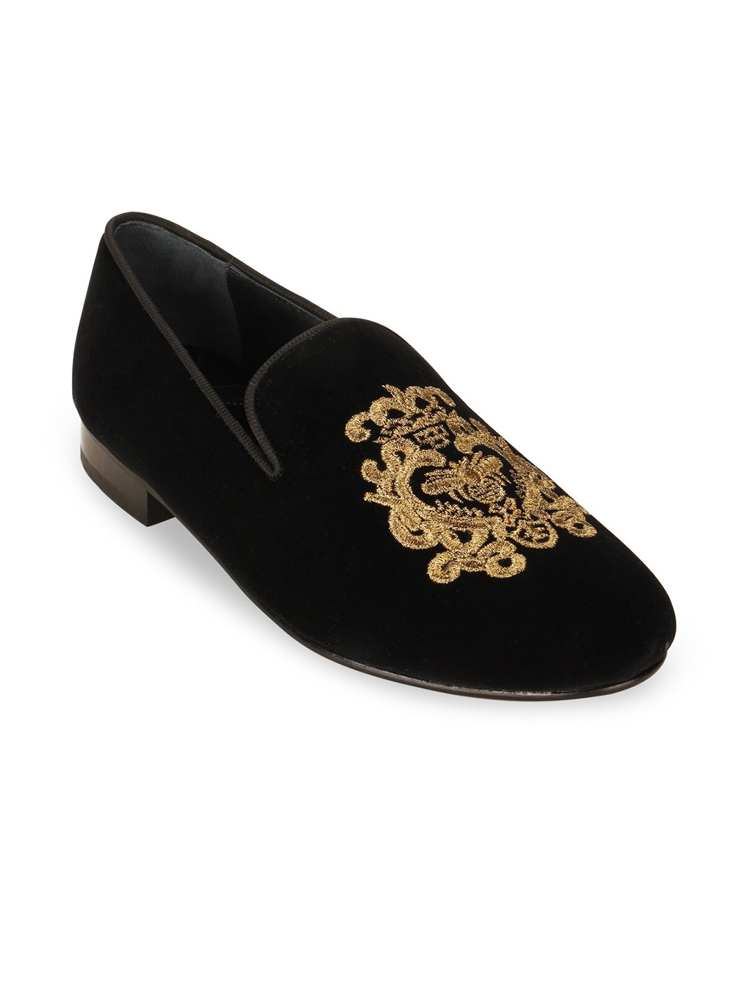 

Regal Men Black & Gold-Toned Ethnic Embroidered Leather Shoe-Style Sandals