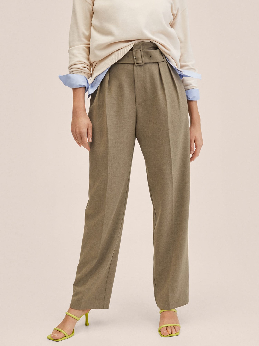 

MANGO Women Olive Green Straight Fit High-Rise Trousers