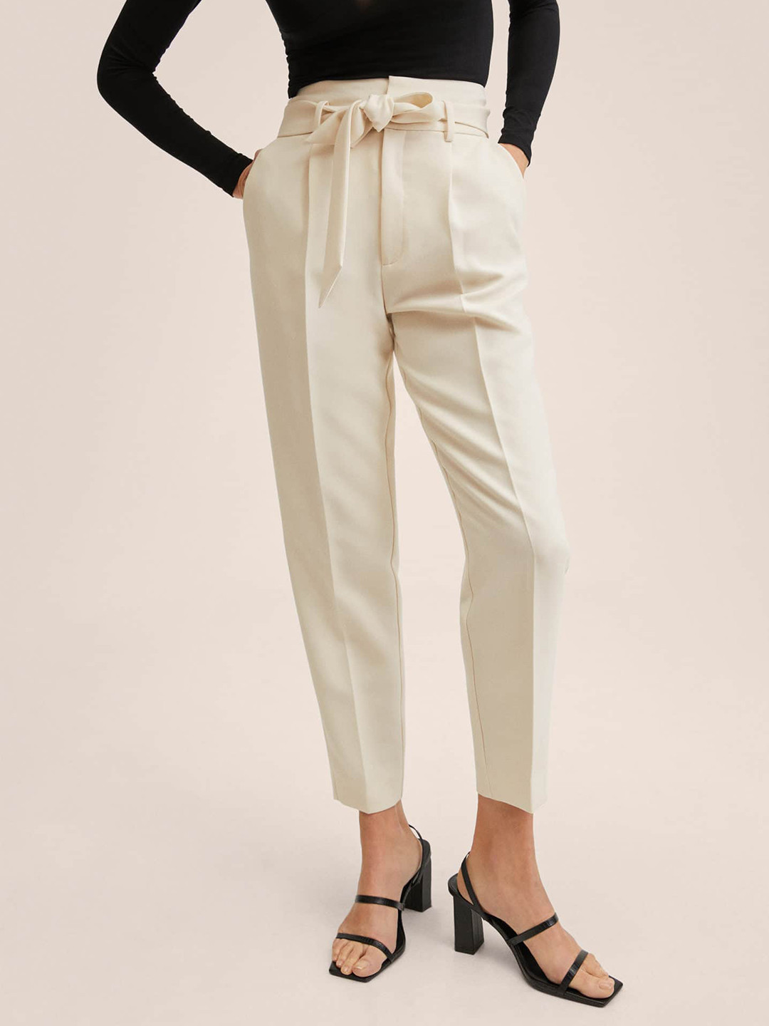 

MANGO Women Cream-Coloured Straight Fit Pleated Trousers