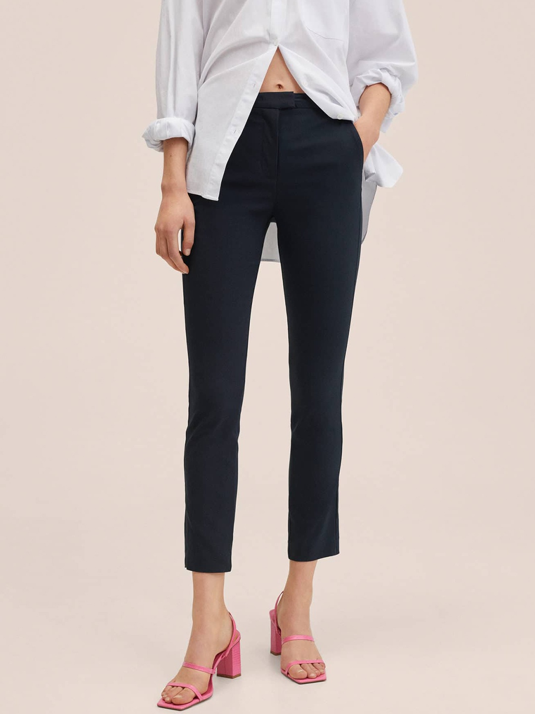 

MANGO Women Navy Blue Solid Trousers