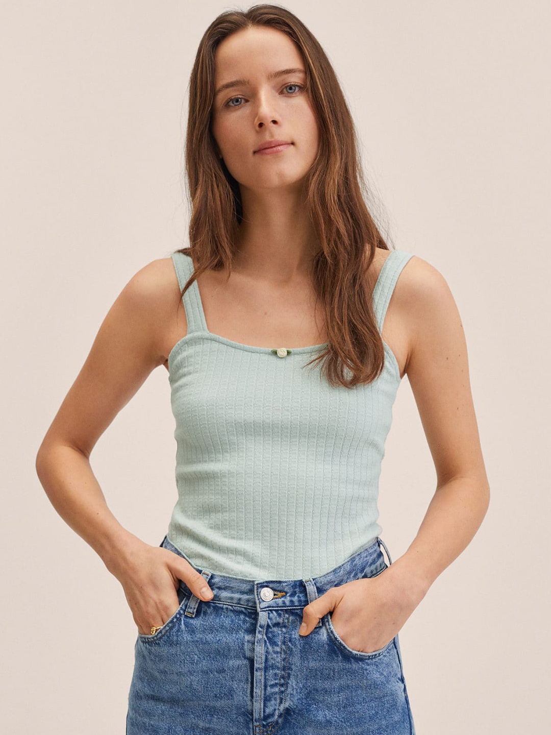 MANGO Blue Self-Striped Fitted Top