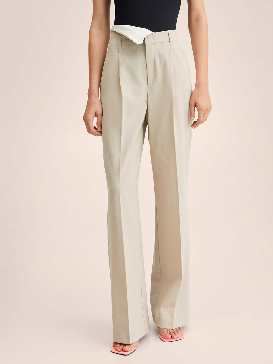

MANGO Women Beige High-Rise Pleated Trousers
