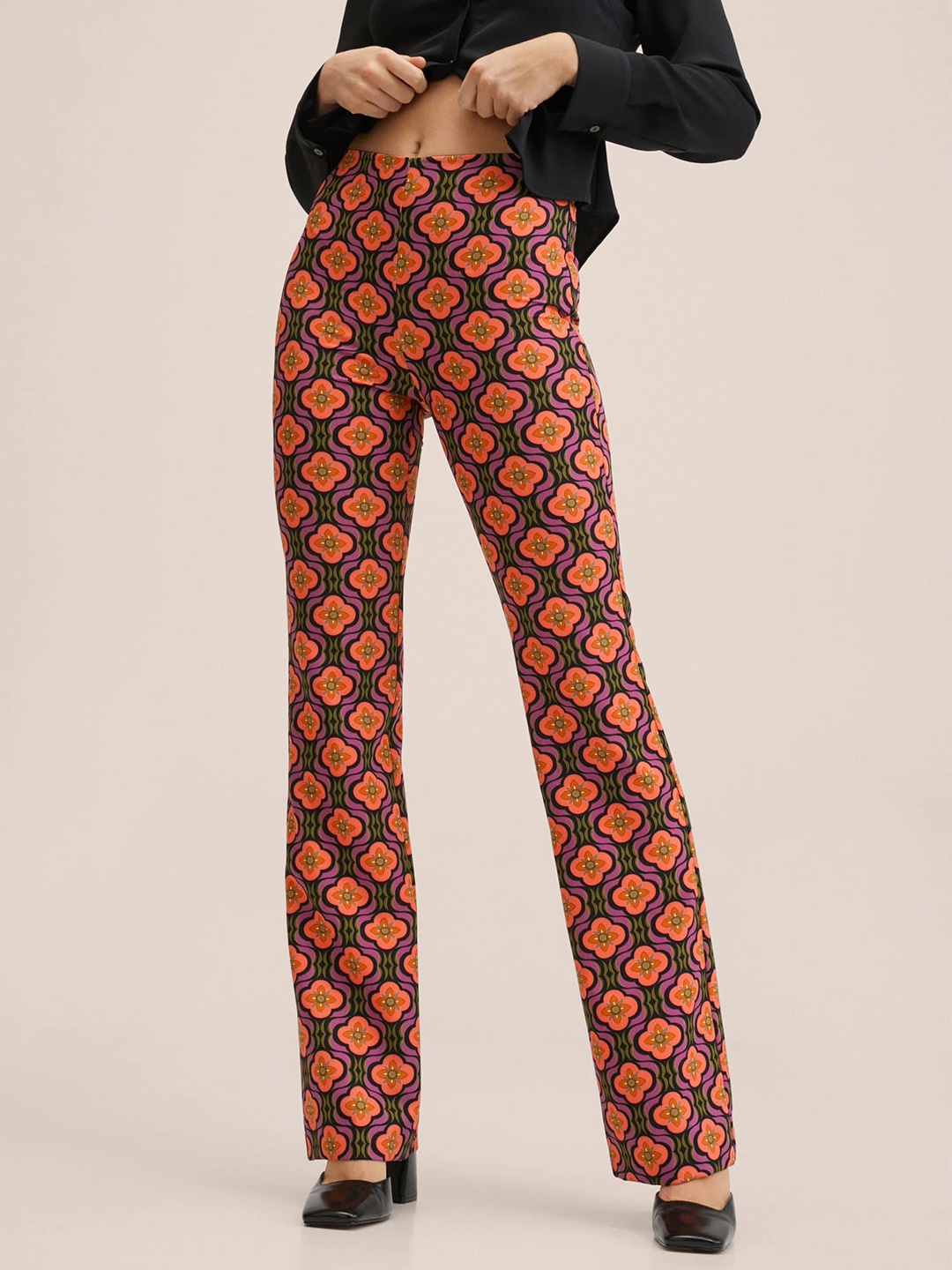 

MANGO Women Multicoloured Floral Printed Straight Fit High-Rise Trousers, Multi