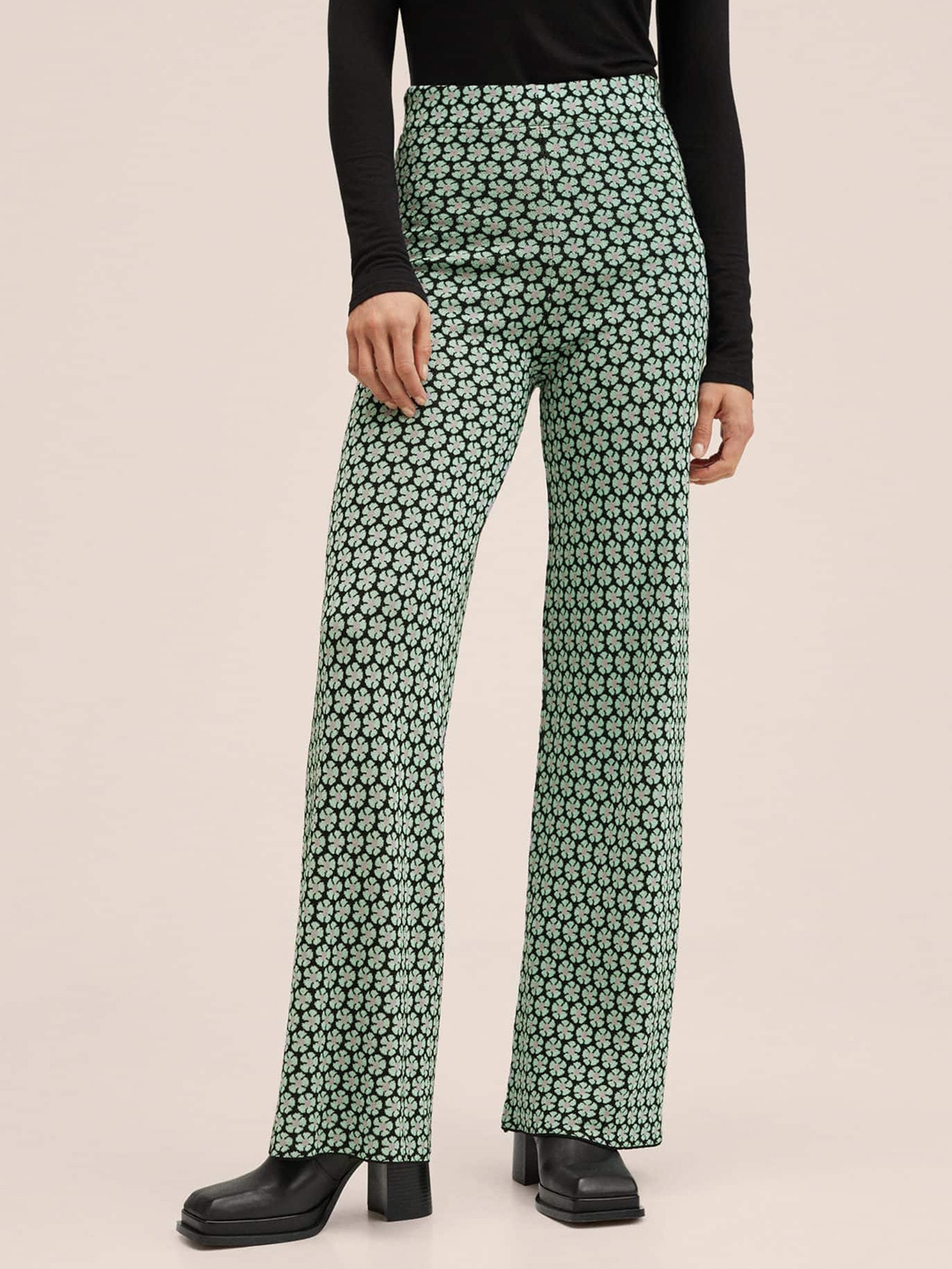 

MANGO Women Black Floral Self Design Trousers