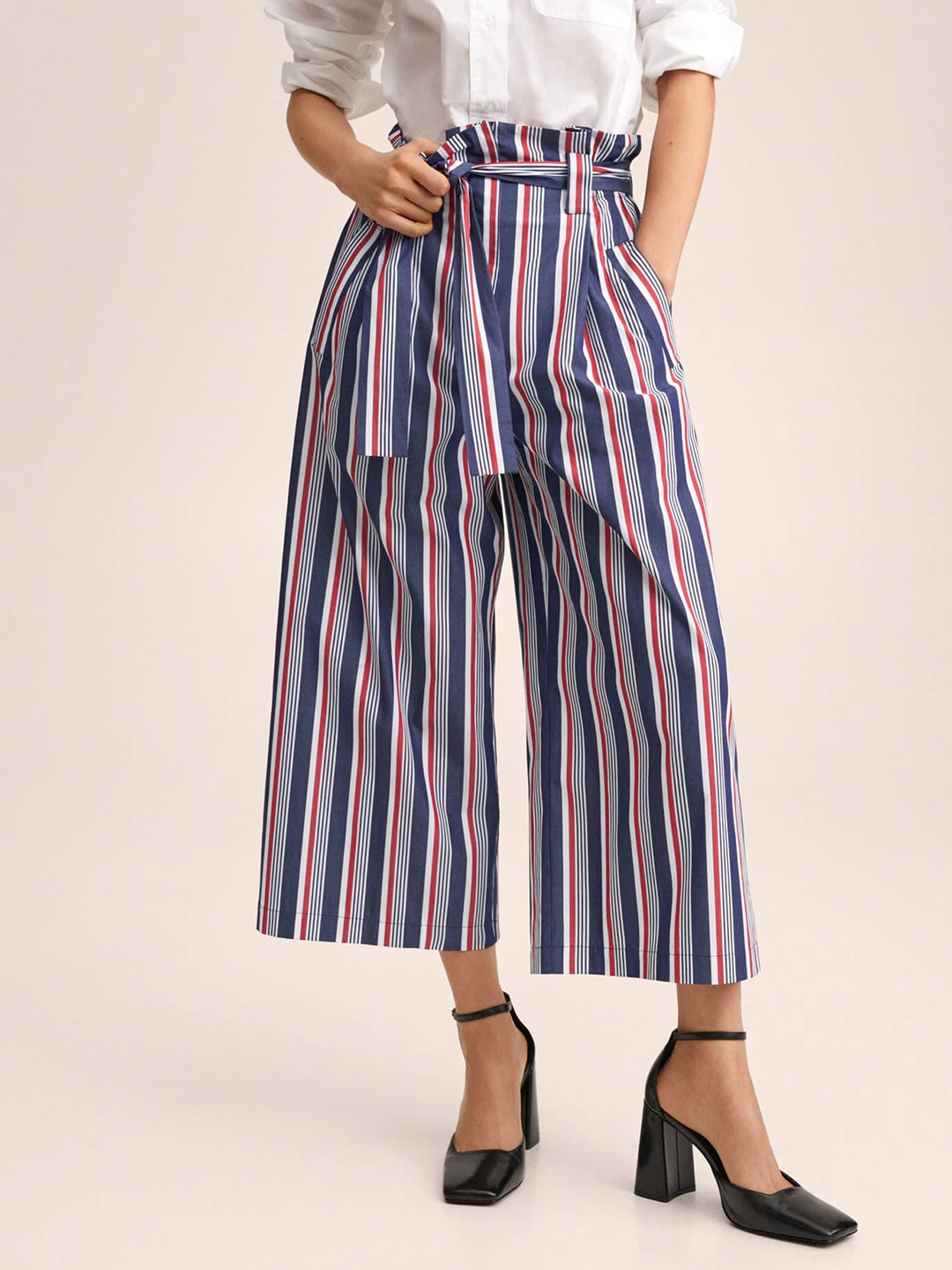 

MANGO Women Navy Blue Striped Culottes Trousers
