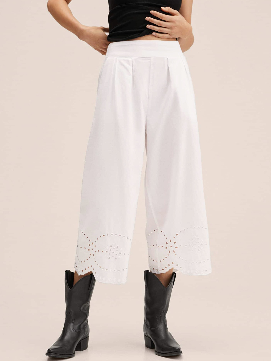 

MANGO Women White Schiffli Embroidered Detail Cotton Pleated Culottes Trousers
