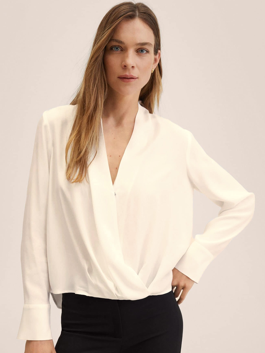 

MANGO Women White Solid Wrap Flowy High-Low Top