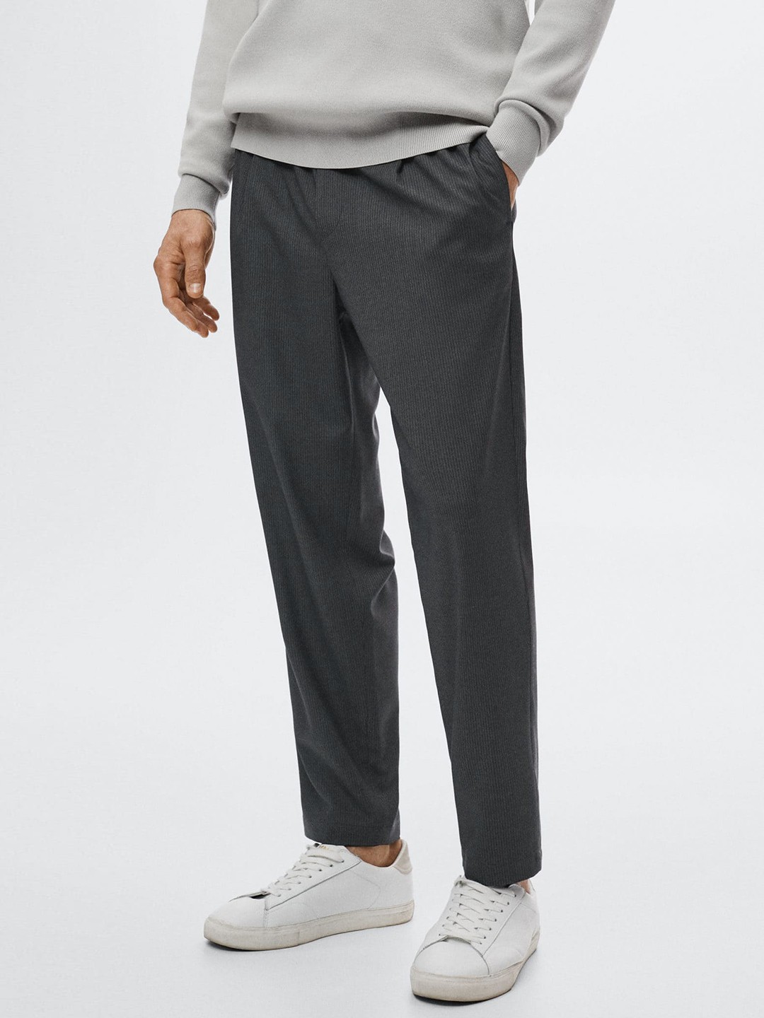 

MANGO MAN Men Charcoal Grey Self-Striped Slim Fit Pleated Trousers
