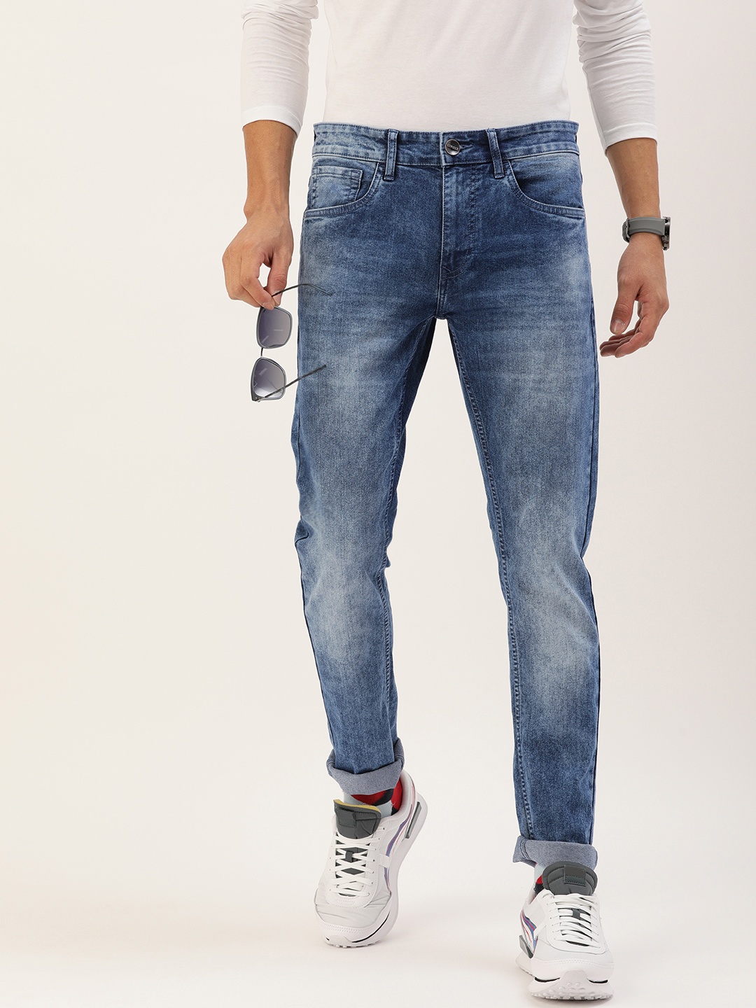 

SINGLE Men Blue Slim Tapered Fit Heavy Fade Stretchable Jeans