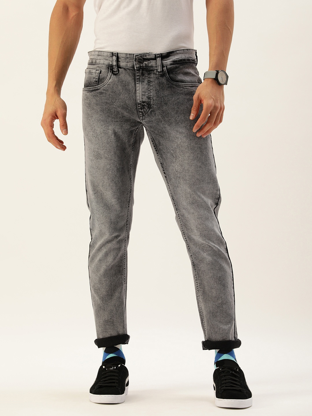 

SINGLE Men Grey Mid-Rise Heavy Fade Stretchable Jeans