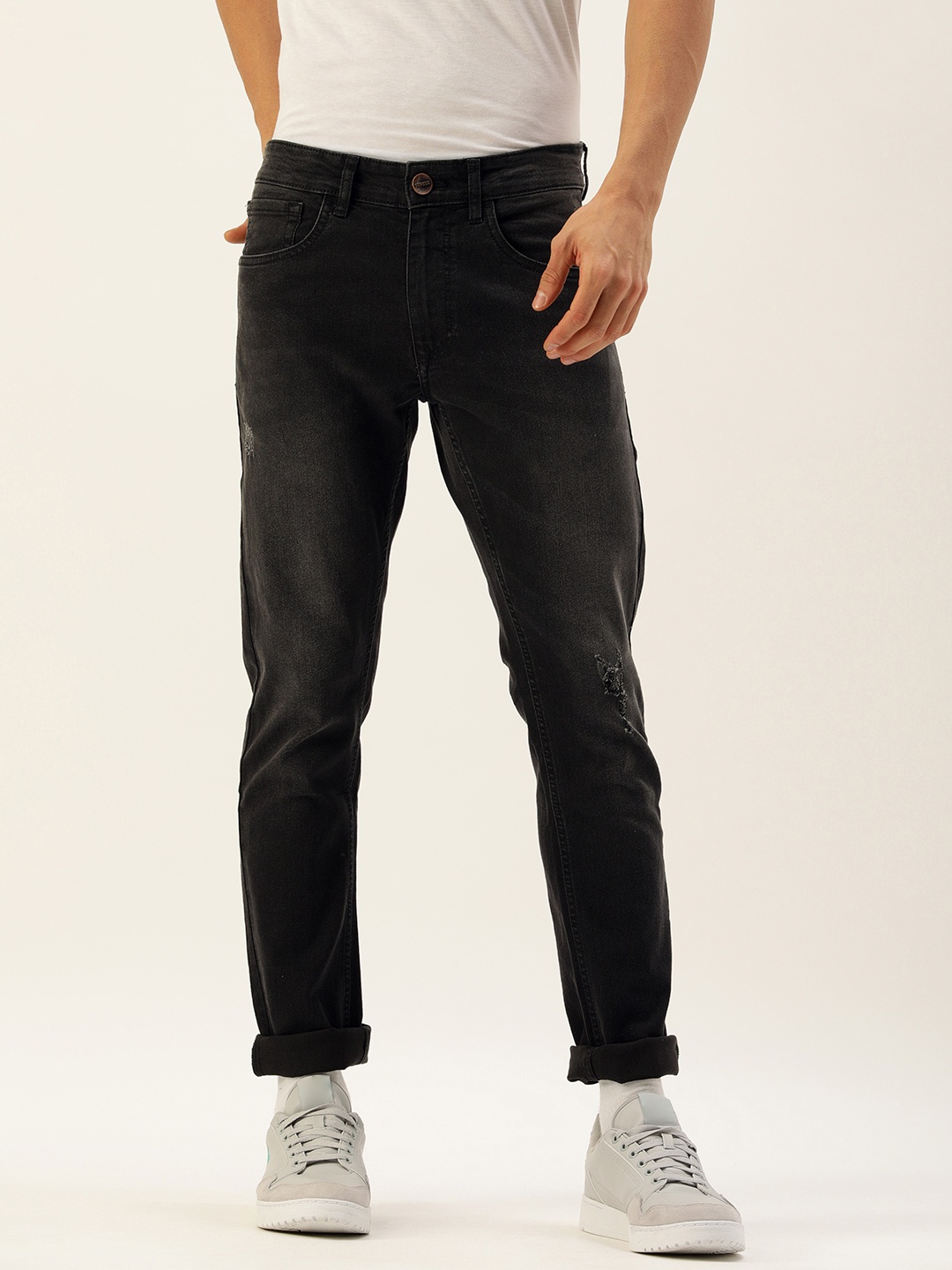 

SINGLE Men Black Slim Fit Mid-Rise Low Distress Ripped Jeans