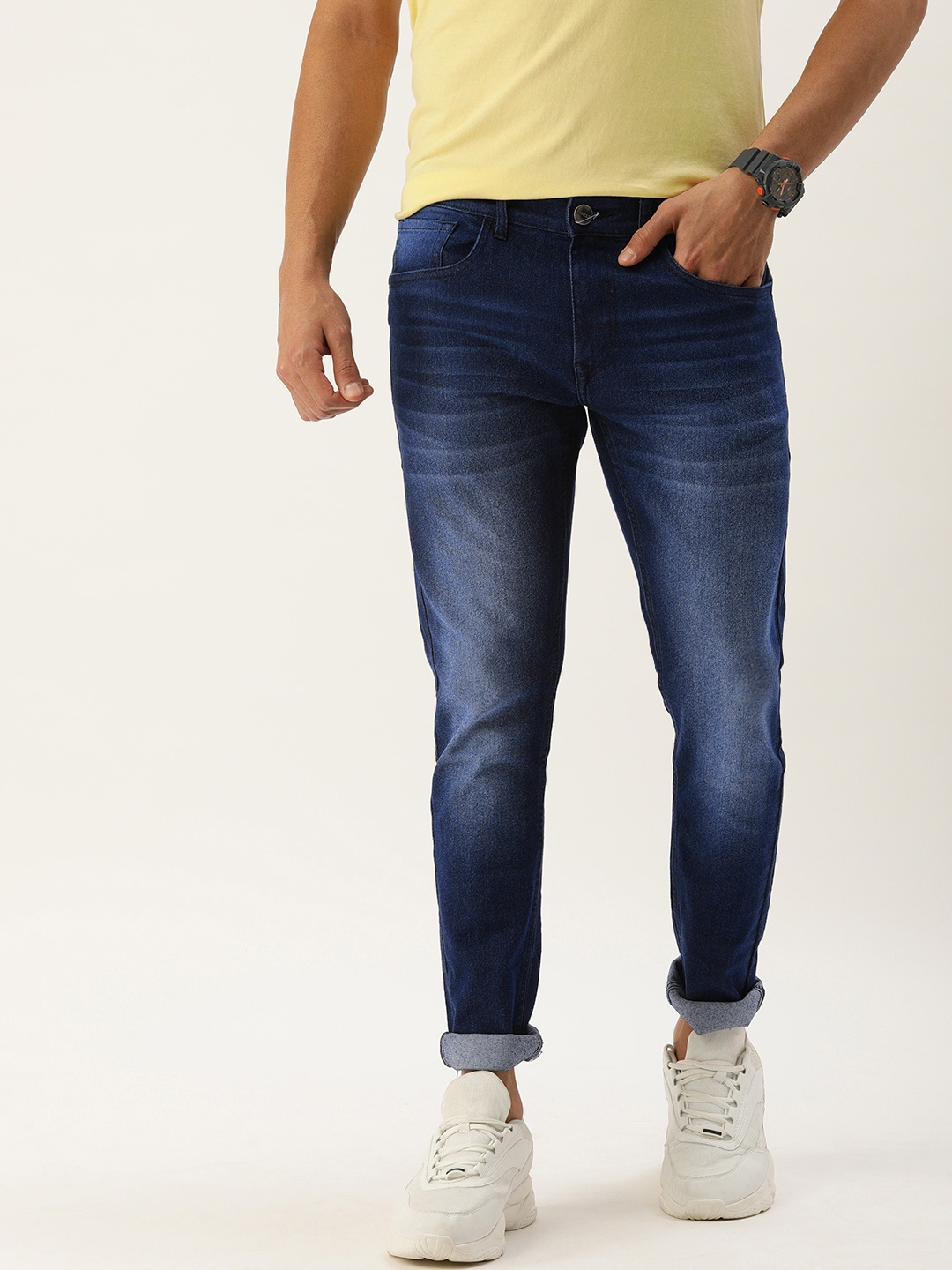 

SINGLE Men Slim Fit Heavy Fade Stretchable Jeans, Blue
