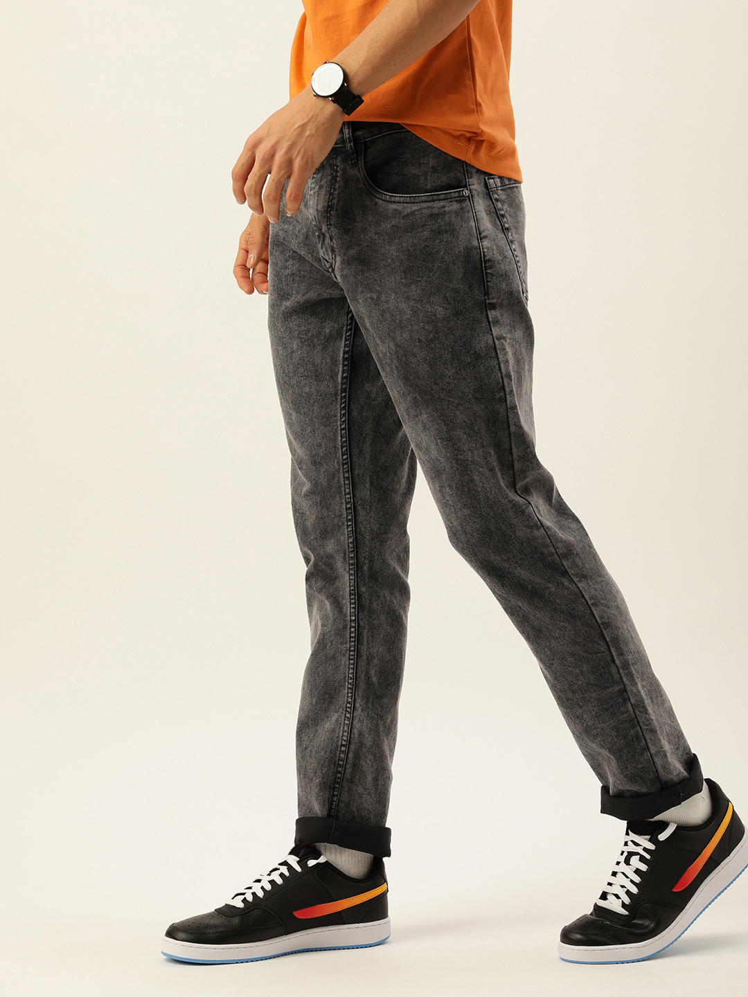 

SINGLE Men Black Slim Fit Heavy Fade Acid Wash Stretchable Jeans