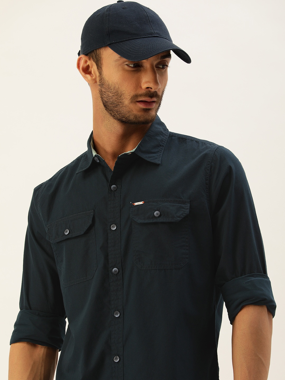 

SINGLE Men Navy Blue Solid Slim Fit Casual Pure Cotton Shirt