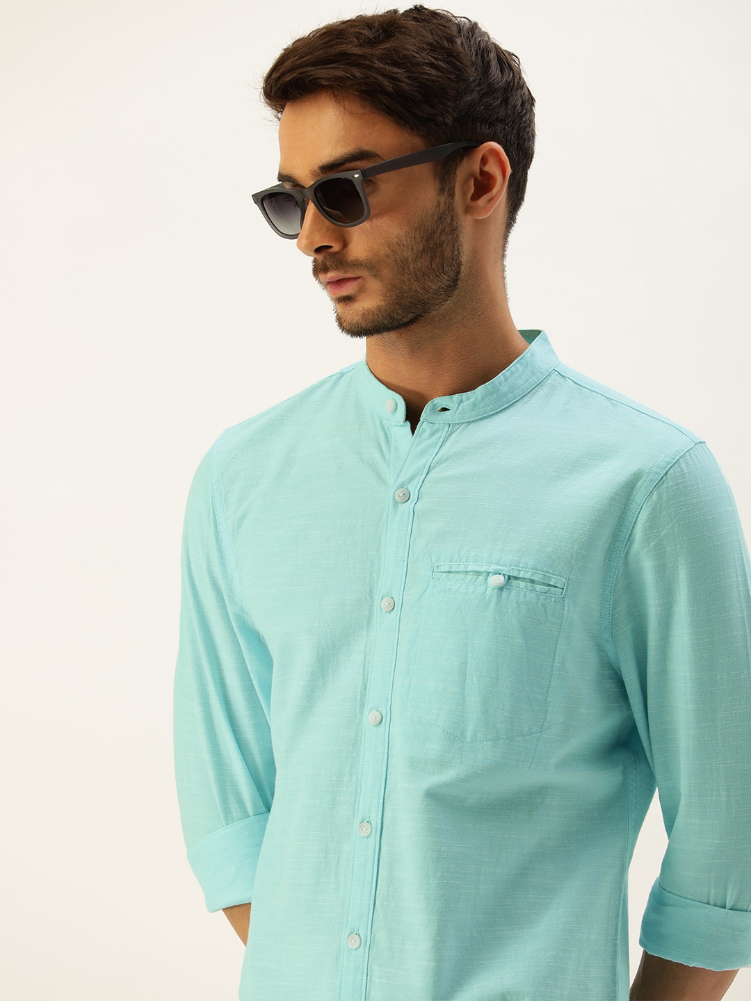 

SINGLE Men Turquoise Blue Self-Design Slim Fit Pure Cotton Casual Shirt