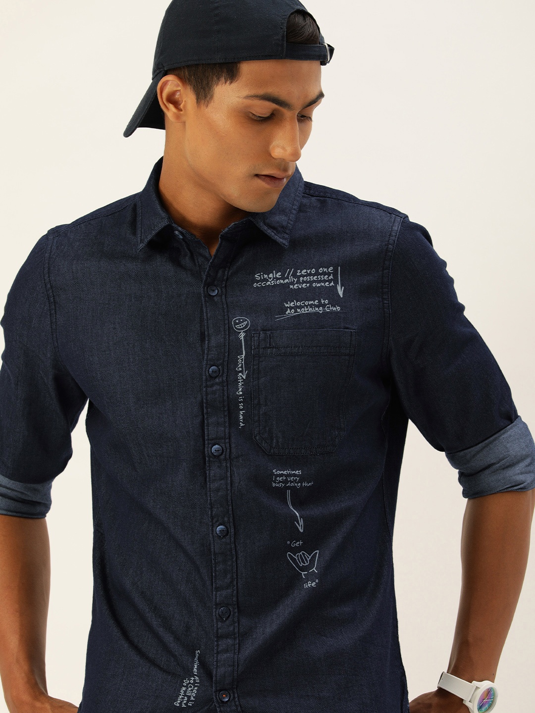 

SINGLE Men Dark Blue Slim Fit Graphic Printed Pure Cotton Casual Shirt