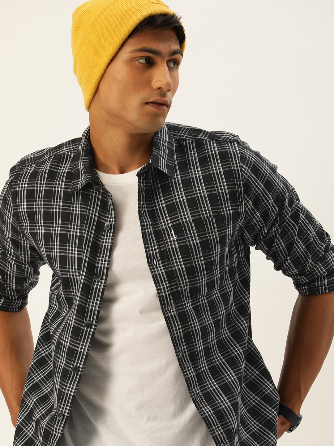 

SINGLE Men Black & White Slim Fit Checked Casual Pure Cotton Shirt
