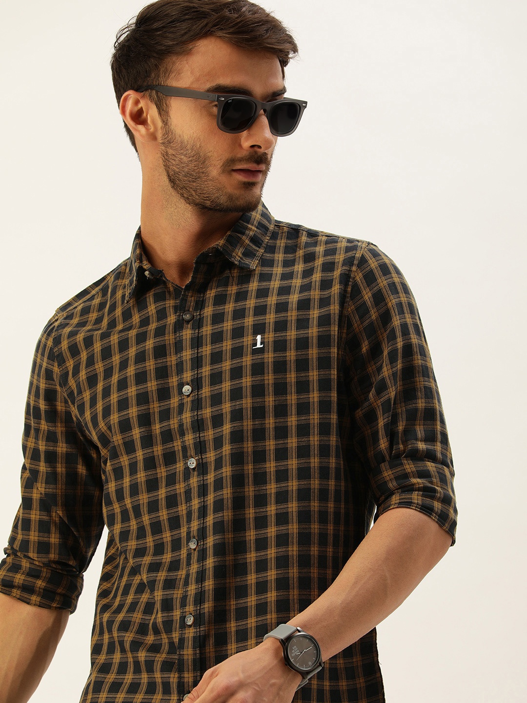 

SINGLE Men Mustard And Navy Blue Slim Fit Tartan Checked Pure Cotton Casual Shirt