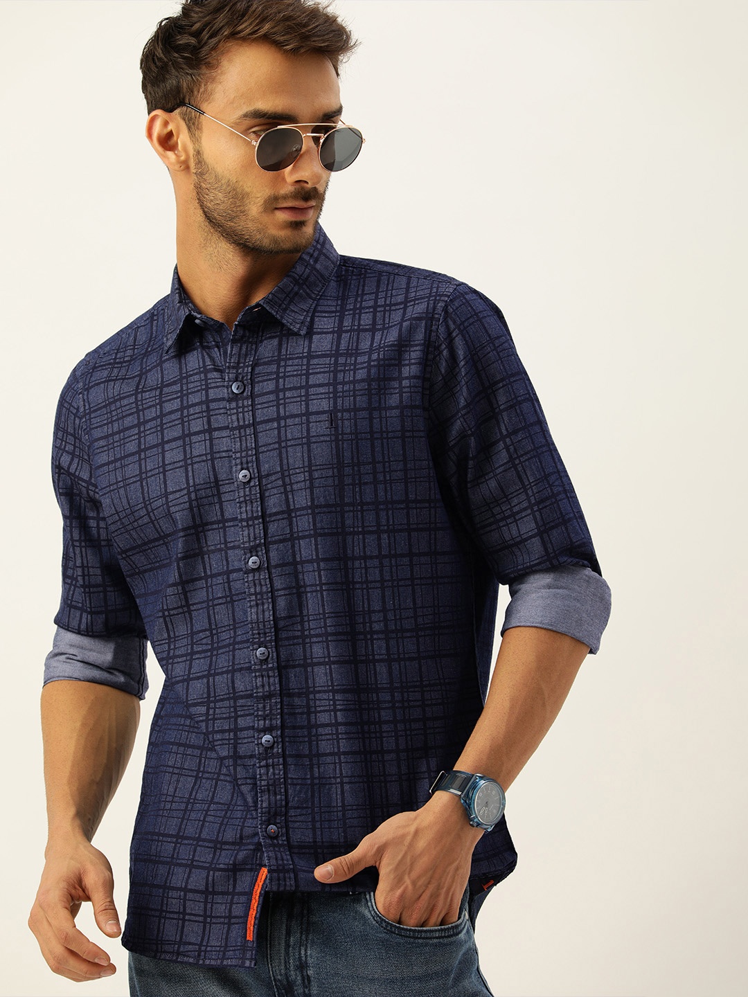 

SINGLE Men Navy Blue Slim Fit Checked Pure Cotton Casual Shirt