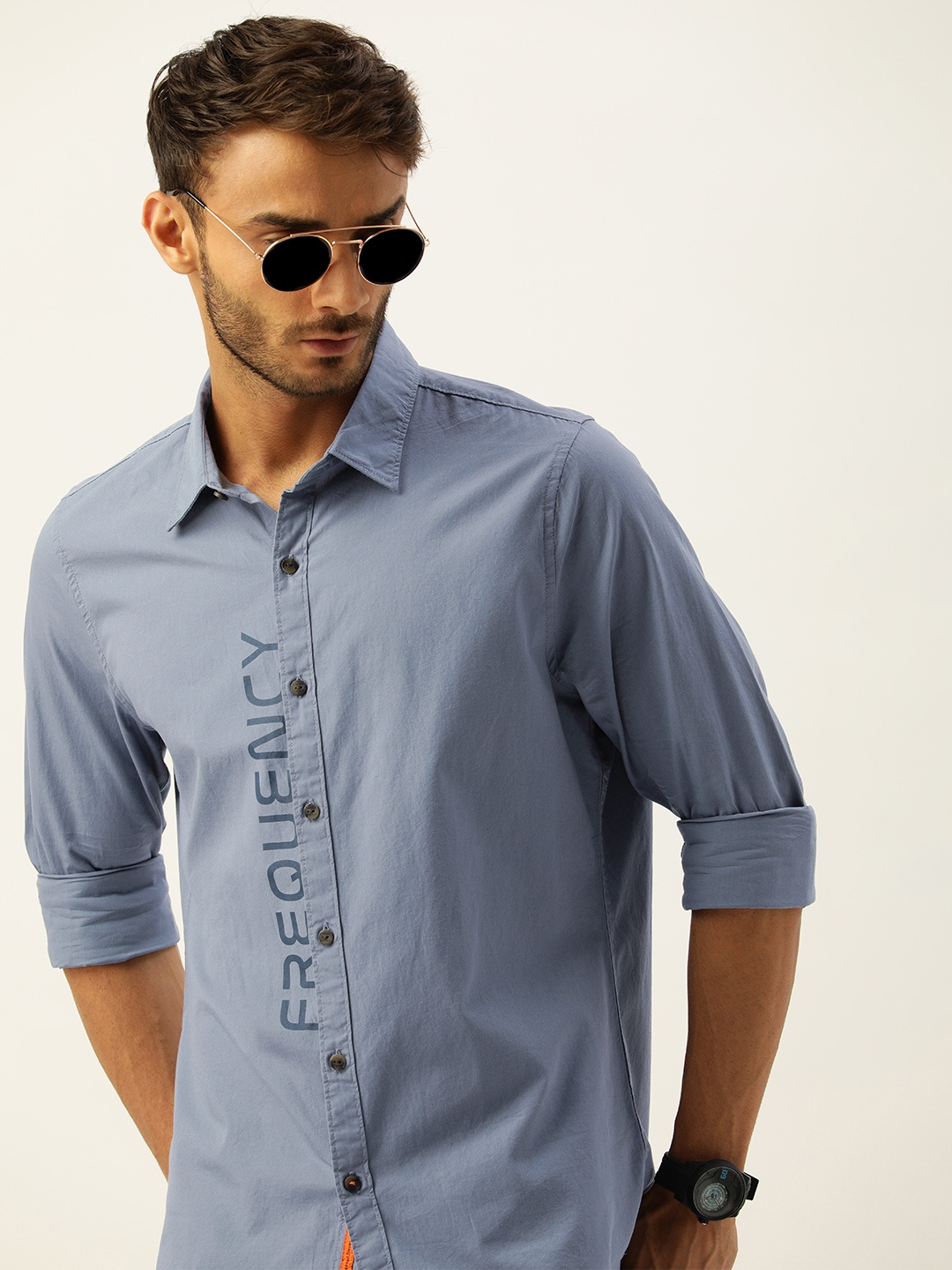 

SINGLE Men Blue Printed Slim Fit Pure Cotton Casual Shirt